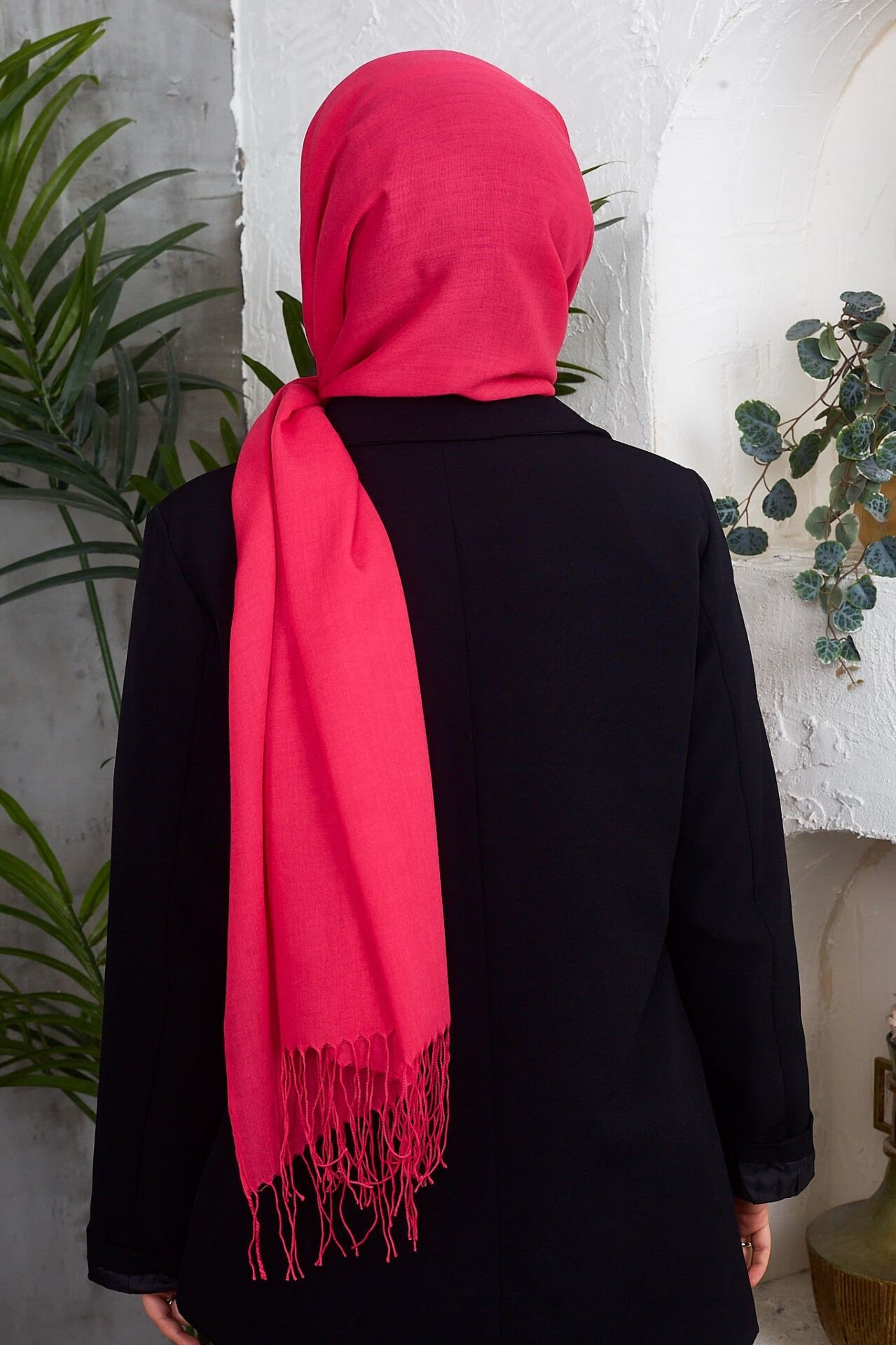 Saçaklı Düz Renk Pamuklu Zümrüt Şal