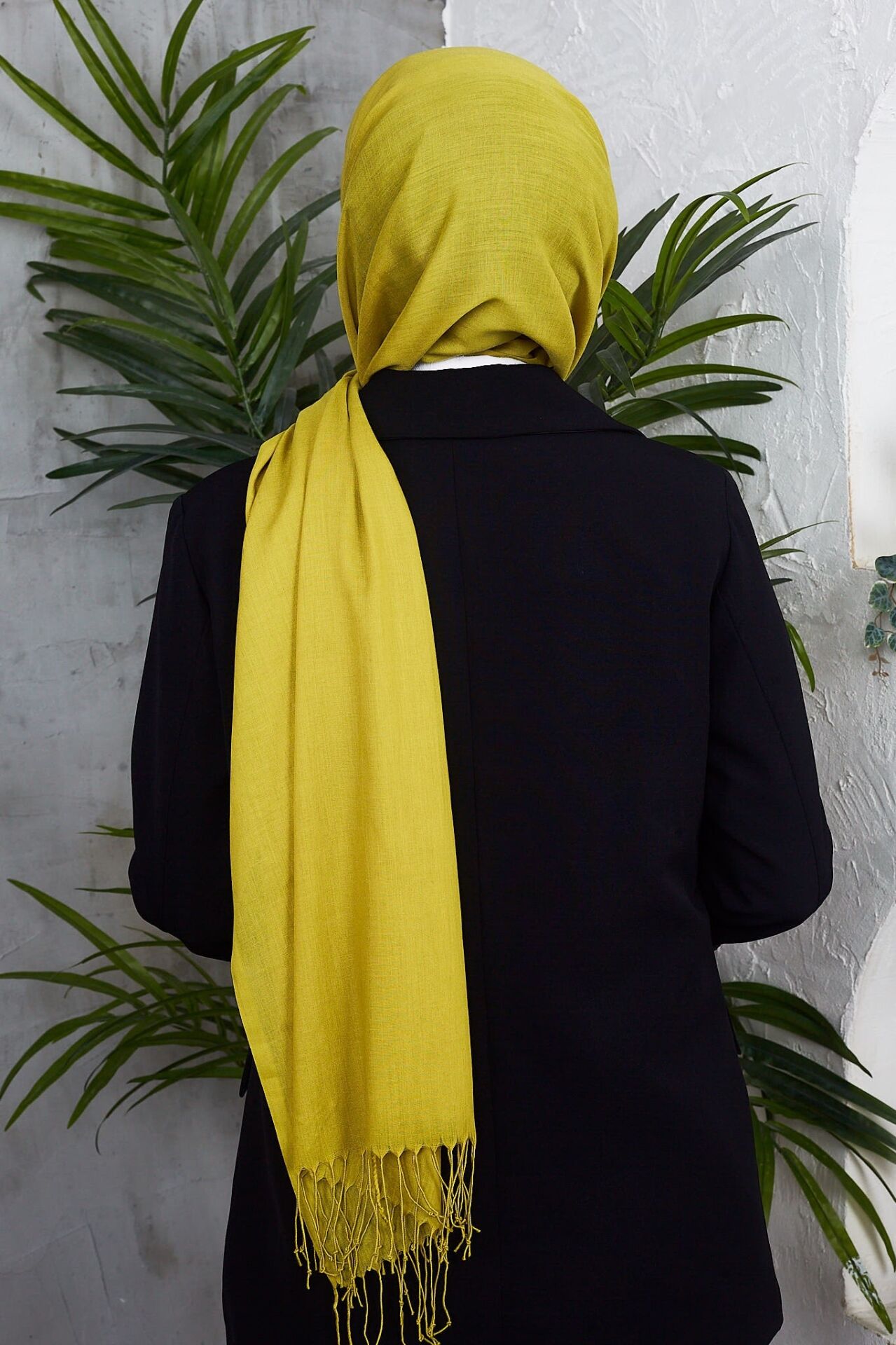 Saçaklı Düz Renk Pamuklu Zümrüt Şal