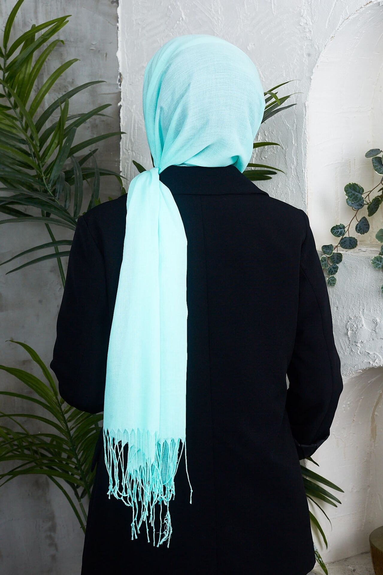 Saçaklı Düz Renk Pamuklu Zümrüt Şal