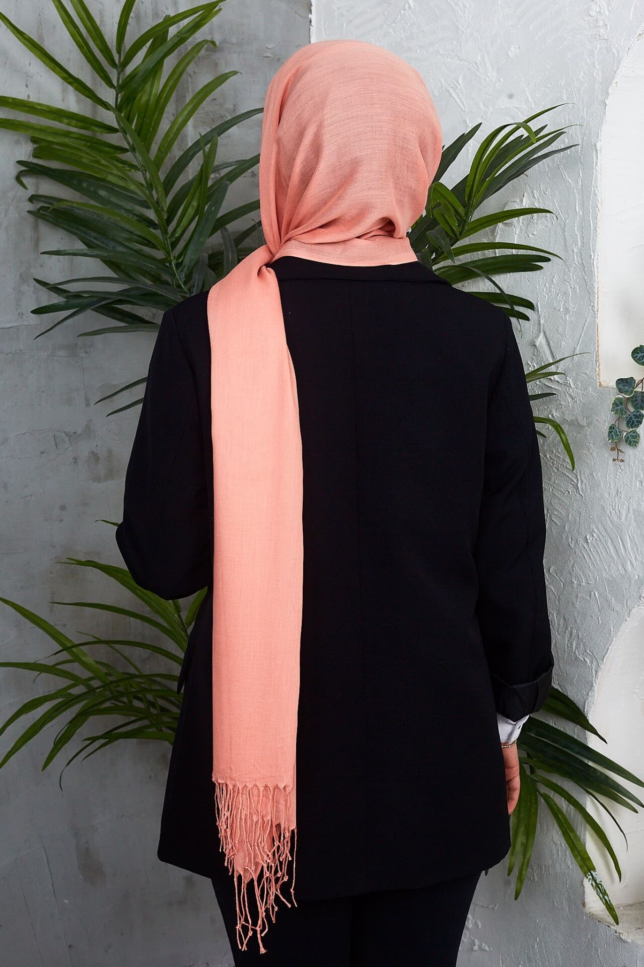 Saçaklı Düz Renk Pamuklu Zümrüt Şal