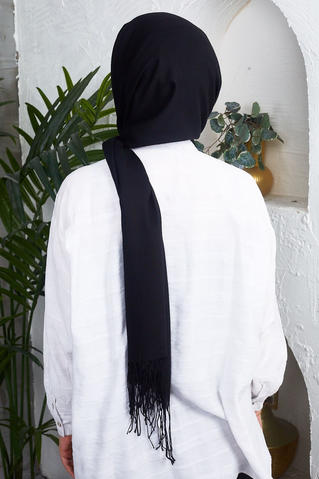 Saçaklı Düz Renk Pamuklu Zümrüt Şal