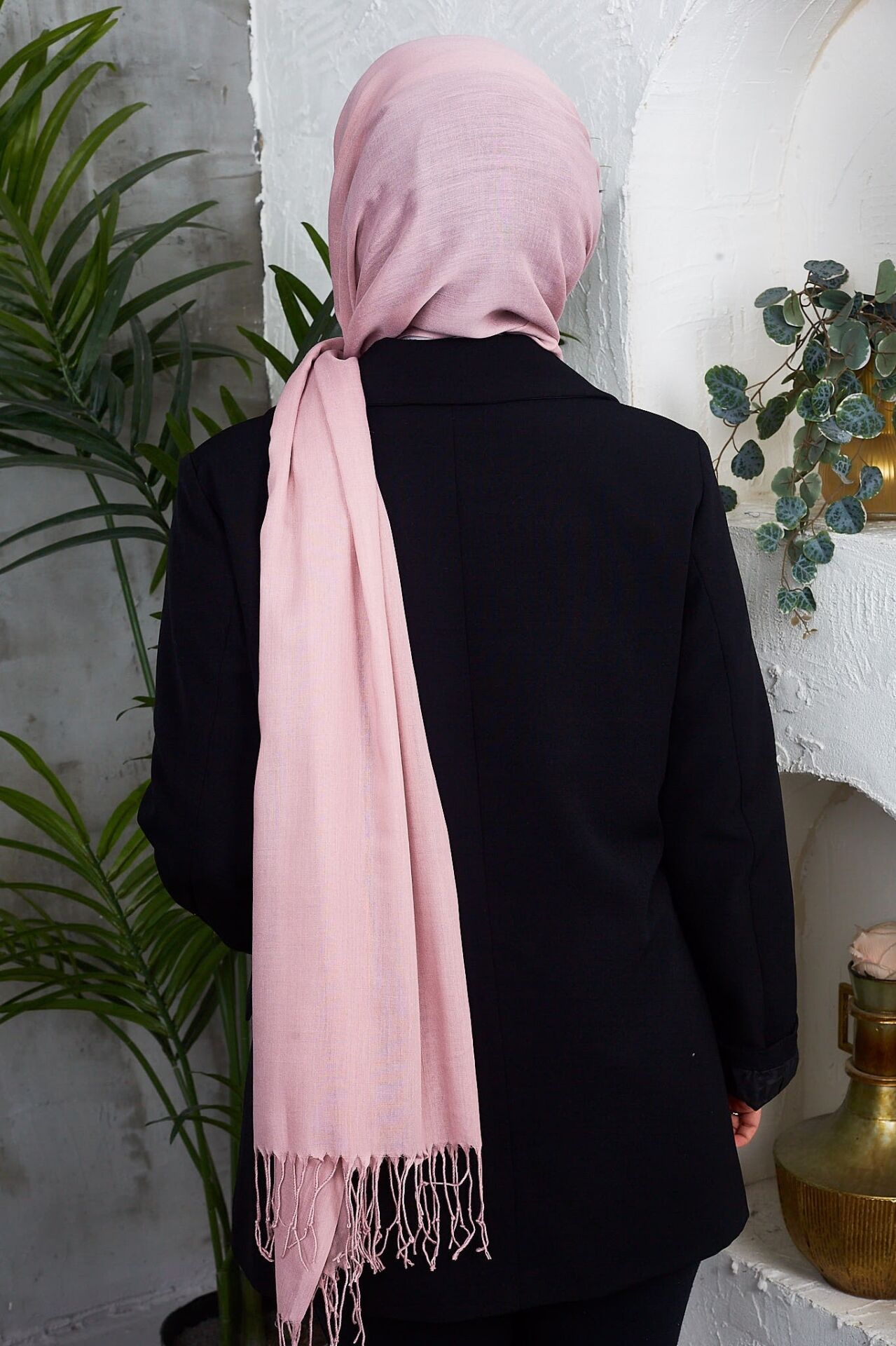 Saçaklı Düz Renk Pamuklu Zümrüt Şal