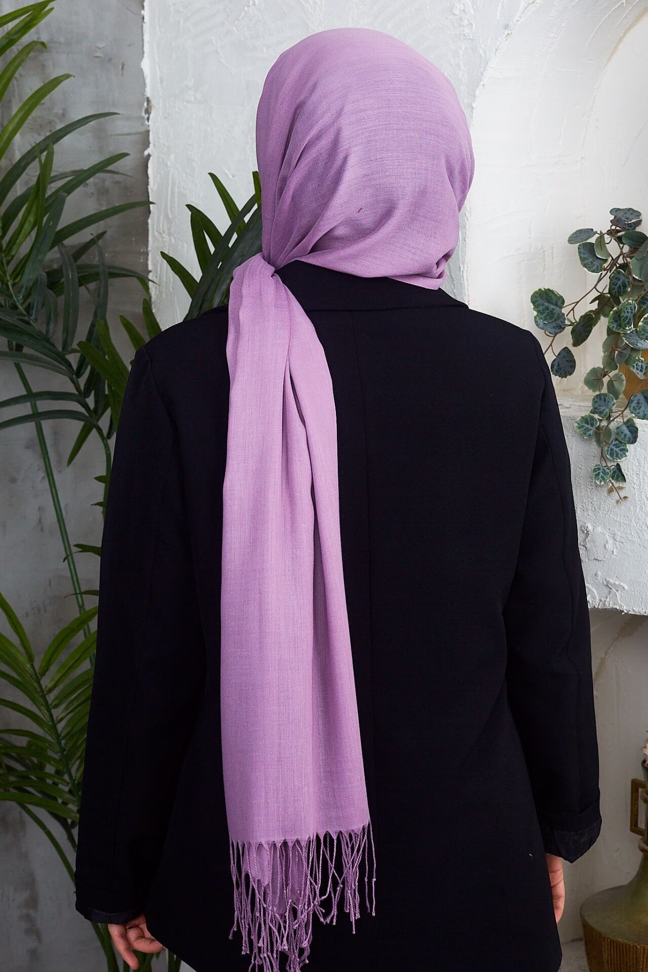 Saçaklı Düz Renk Pamuklu Zümrüt Şal