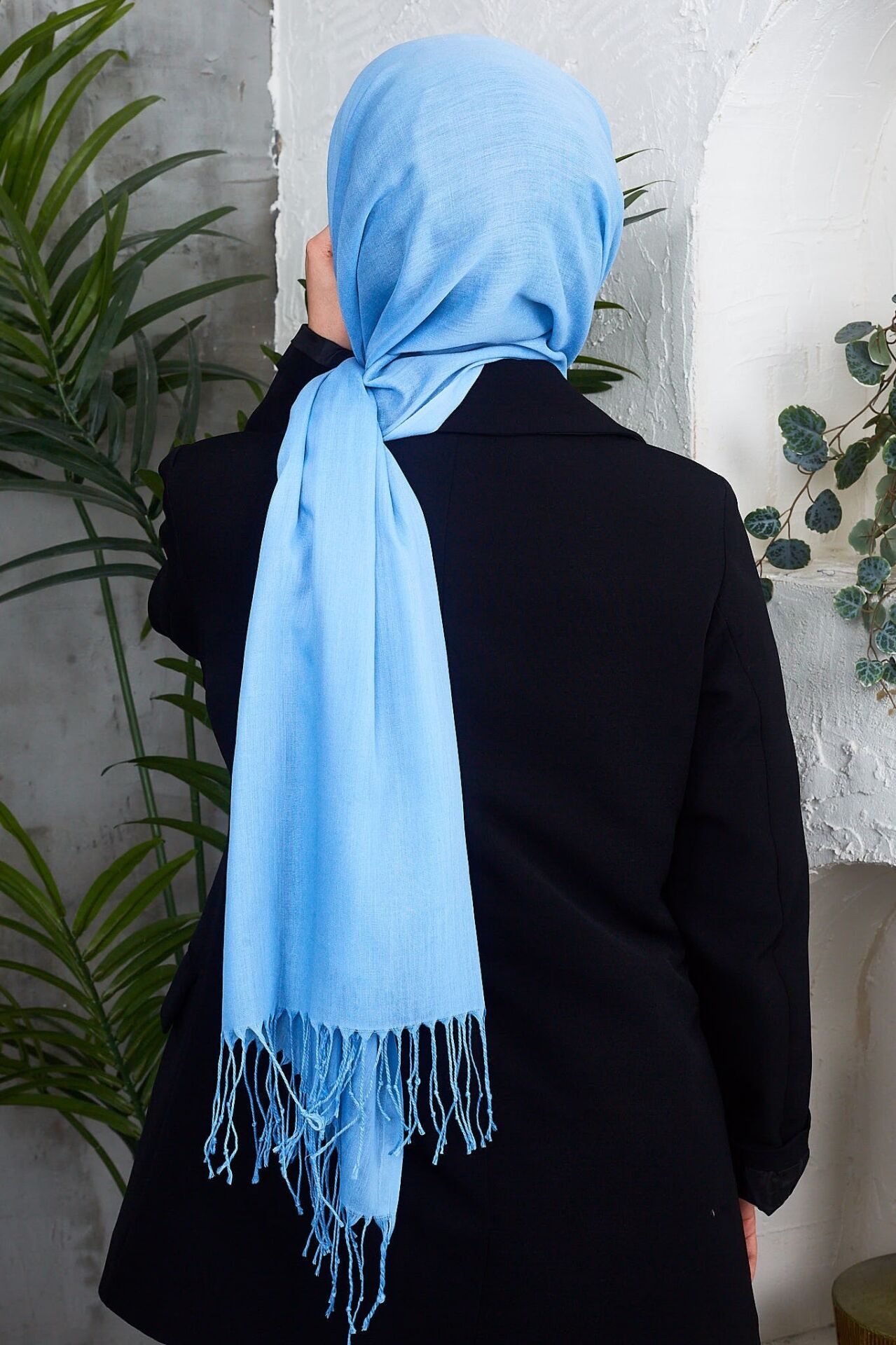 Saçaklı Düz Renk Pamuklu Zümrüt Şal