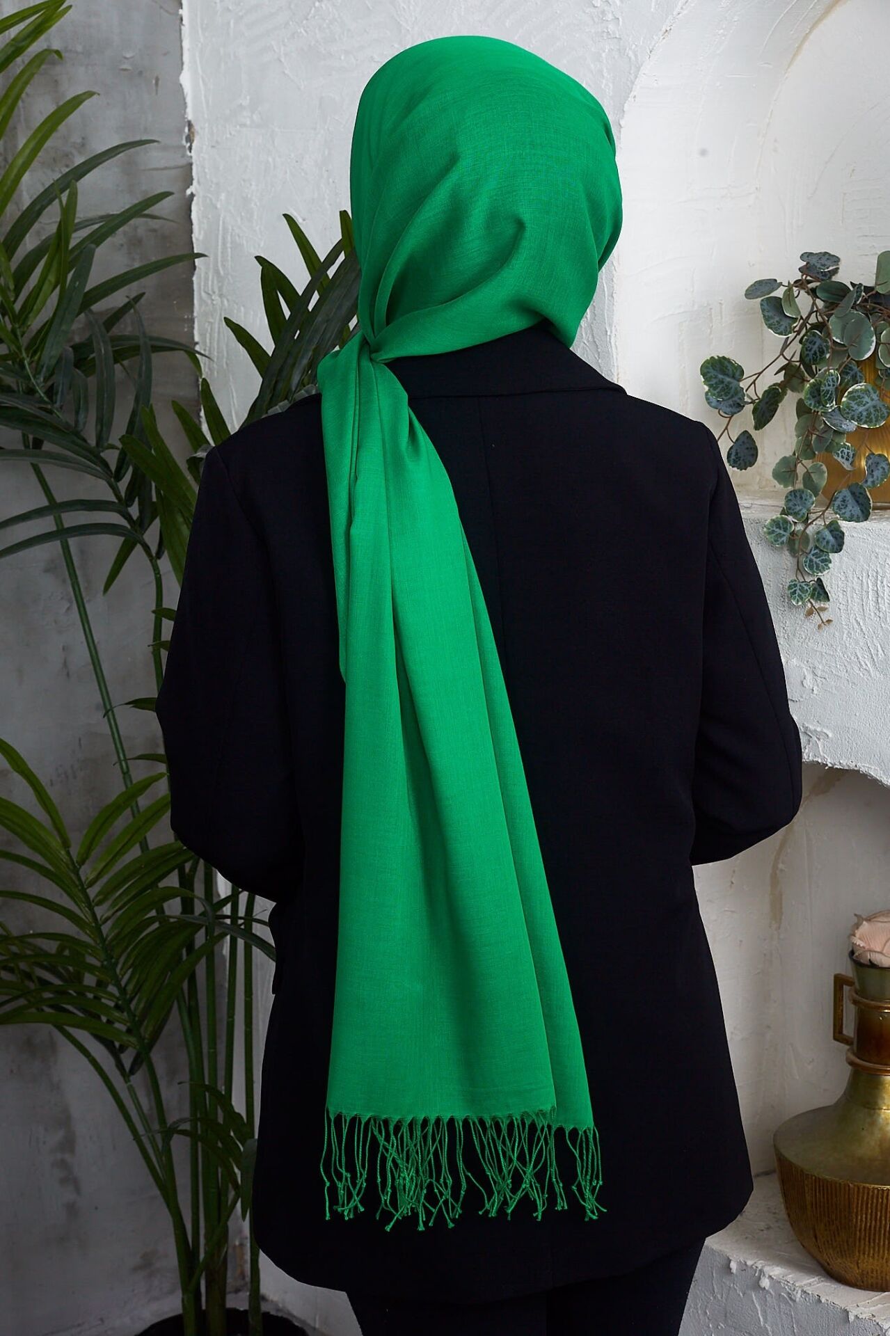Saçaklı Düz Renk Pamuklu Zümrüt Şal
