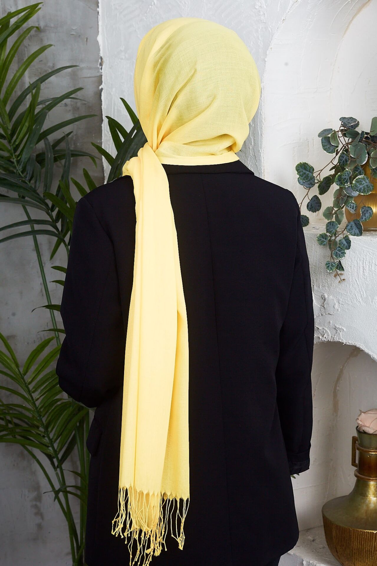 Saçaklı Düz Renk Pamuklu Zümrüt Şal