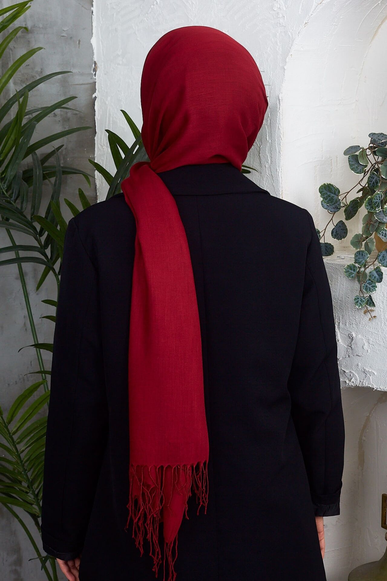 Saçaklı Düz Renk Pamuklu Zümrüt Şal