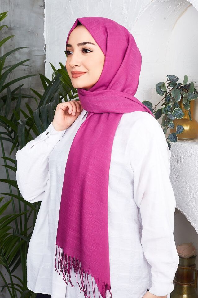 Flamlı Saçaklı Düz Renk Keten Rubi Şal